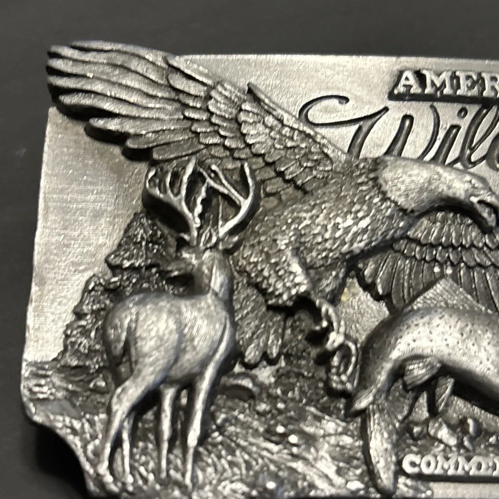 1989 Siskiyou American Wildlife Pewter Belt Buckle Eagle Deer Trout #116/2500